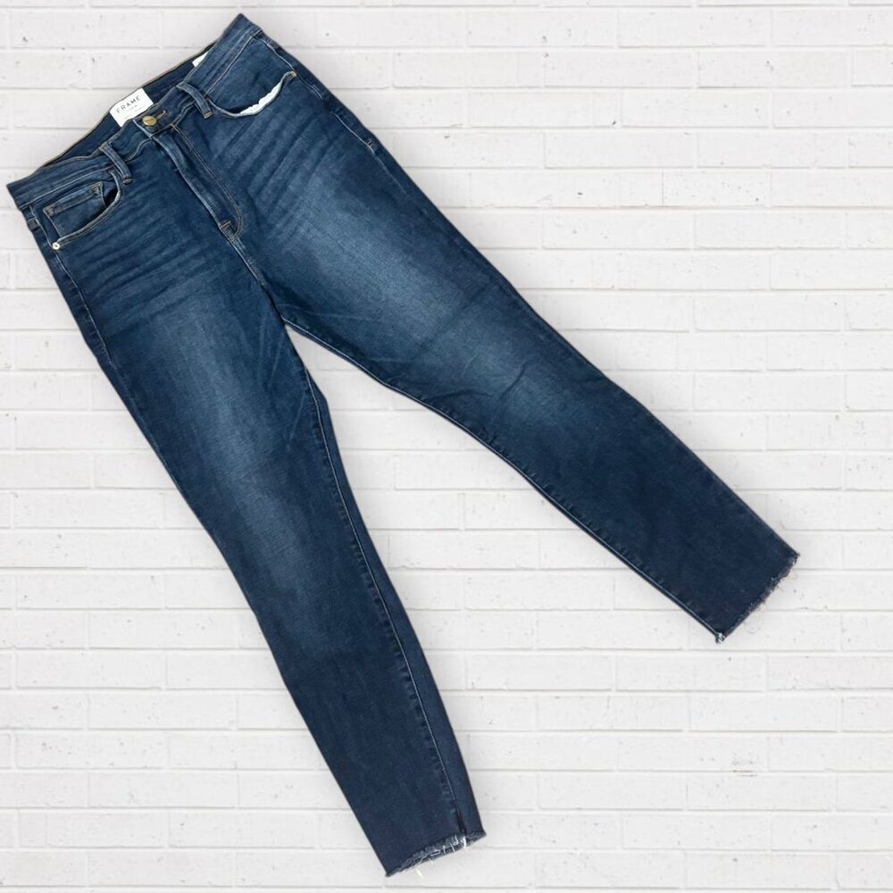 FRAME Ali High Rise Waist Cigarette Prescott Dark Wash Raw Hem Stretch Jeans 29